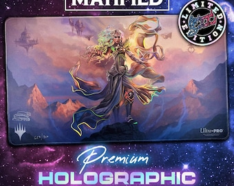 Holographic Foil Serra the Benevolent Playmat – Signed by the artist Magali Villeneuve and serialized Magic the Gathering TCG