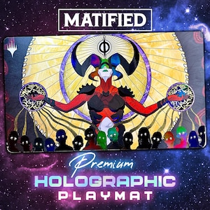 May include: A rectangular playmat featuring a central horned figure with red skin and black armor, holding glowing circular orbs. Below, a crowd of dark silhouettes stands against a yellow sunburst background. Text reads MATIFIED, Premium, HOLOGRAPHIC PLAYMAT.