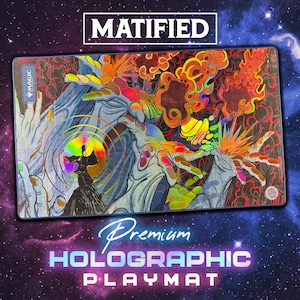 May include: A premium holographic playmat with a colorful, artistic design. The playmat features the text "MATIFIED" at the top and "Premium Holographic Playmat" at the bottom. The artwork includes hands, a figure, and abstract shapes in various colors.