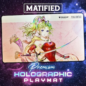 May include: A rectangular playmat featuring a holographic illustration of a character with long green hair, wearing a red top and holding a curved sword. The top right corner displays the Magic The Gathering and Final Fantasy logos in black text.