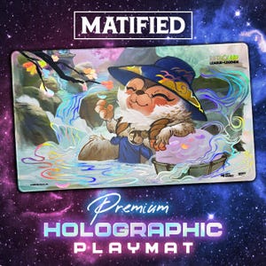 May include: Holographic playmat featuring a cartoon character in a blue hat and outfit, holding a purple object. The playmat has a colorful design with the text "MATIFIED" at the top and "Premium Holographic Playmat" at the bottom. The background is a starry space.