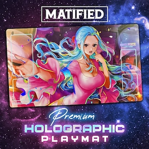 May include: A holographic playmat featuring a vibrant illustration of a character with blue hair and a pink dress. The playmat has the text "MATIFIED" at the top and "Premium Holographic Playmat" at the bottom. The playmat is designed for the One Piece card game.