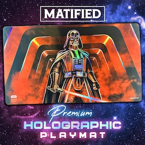 May include: A rectangular playmat featuring a central illustration of Darth Vader in a black suit and helmet, holding a glowing red lightsaber. The background shows an orange-toned corridor. The text MATIFIED, Premium HOLOGRAPHIC PLAYMAT, STAR WARS, and GAMEGENIC are visible.