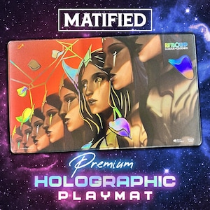 May include: Premium holographic playmat featuring a vibrant illustration of stylized female characters with gold and teal accents. The playmat has the text "MATIFIED" and "RIFTBOUND LEAGUE LEGENDS". The words "Premium Holographic Playmat" are also visible.