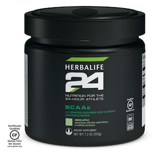 K&ouml;nnte beinhalten: Ein schwarzer Herbalife 24-Beh&auml;lter mit schwarzem Deckel. Das Etikett zeigt das Herbalife-Logo, die Zahl 24 und Text, der darauf hinweist, dass es f&uuml;r den 24-Stunden-Athleten bestimmt ist. Es enth&auml;lt BCAAs mit gr&uuml;nem Apfelgeschmack und ist glutenfrei. Nettogewicht: 203g.