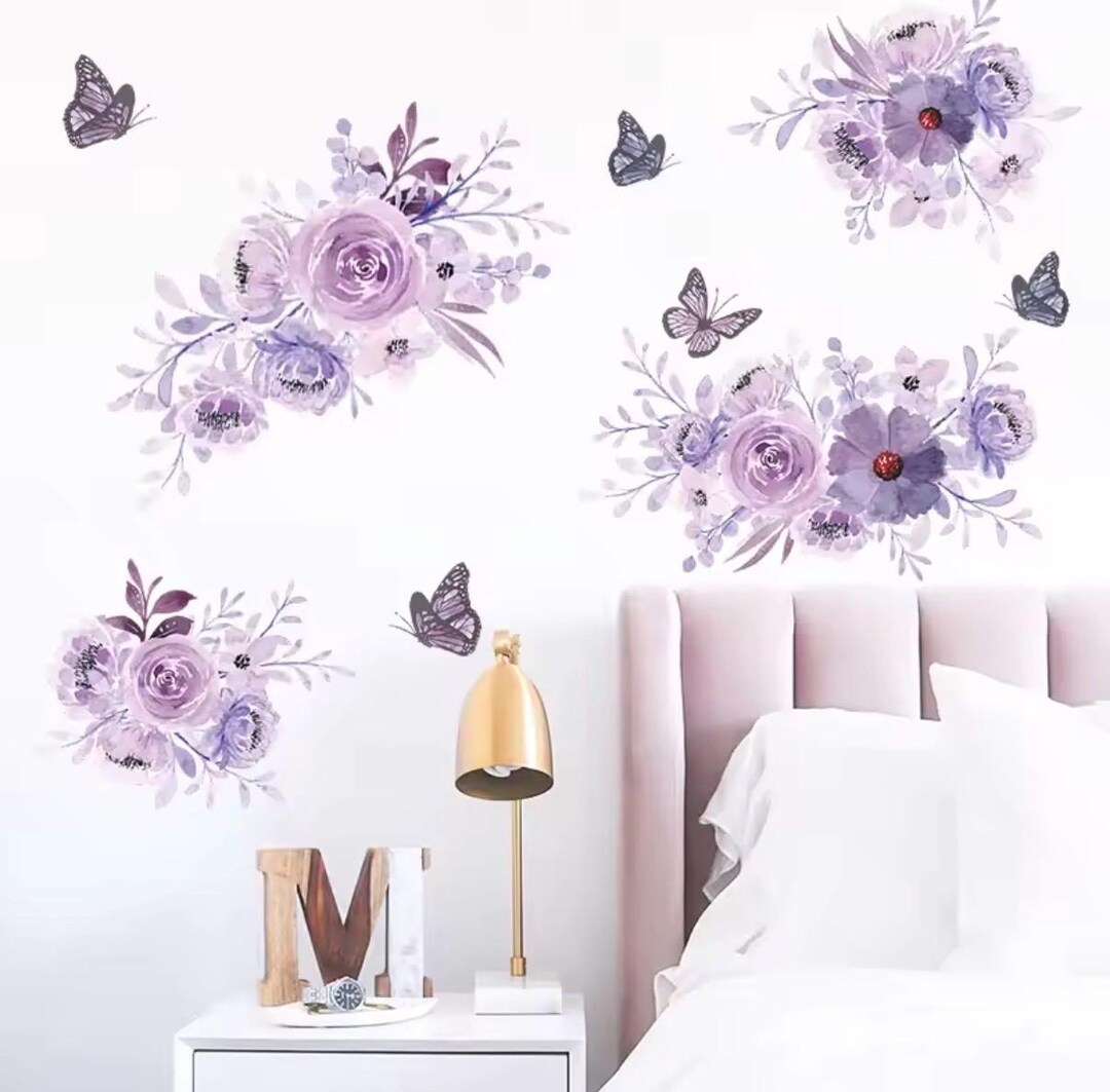 Purple Flower Butterfly Wall Decal | Self Adhesive Removable Art for ...