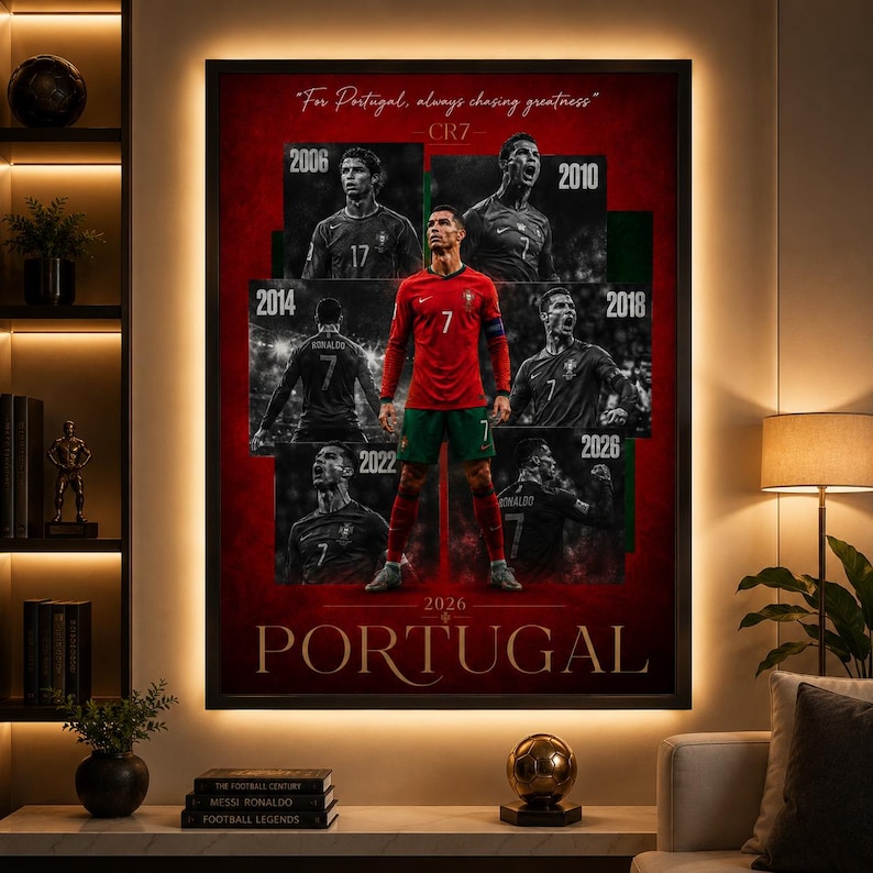 May include: A framed poster featuring Cristiano Ronaldo in a red Portugal jersey. The poster includes images from 2006, 2010, 2014, 2018, 2022, and 2026. Text includes "For Portugal, always chasing greatness" and "PORTUGAL".
