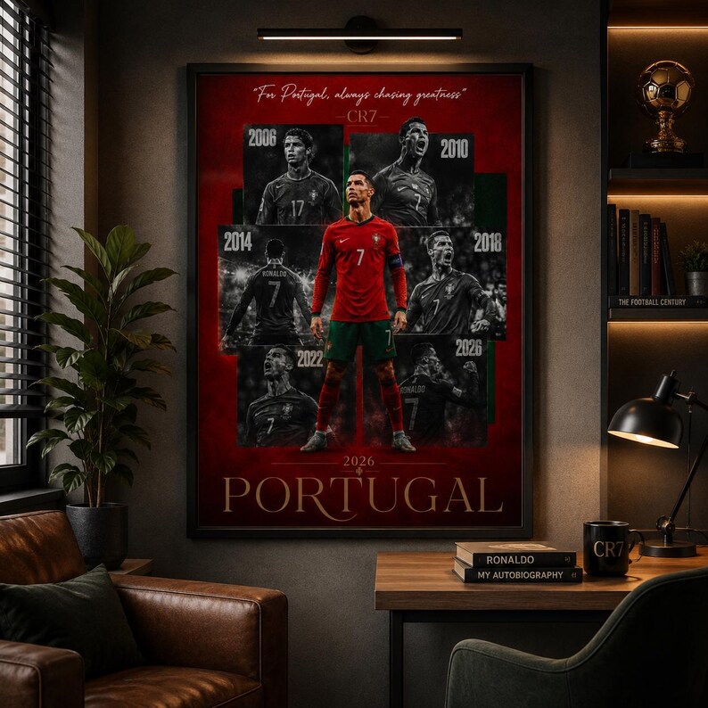 May include: Framed poster featuring Cristiano Ronaldo in a red Portugal jersey, with images from 2006, 2010, 2014, 2018, 2022, and 2026. Text includes "For Portugal, always chasing greatness" and "PORTUGAL". The poster is displayed in a room with a desk and books.