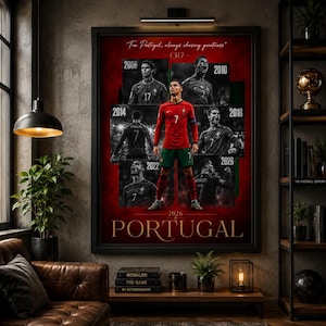 May include: Framed poster featuring a soccer player in a red and green uniform, with the text "For Portugal, always chasing greatness." The poster includes images from 2006, 2010, 2014, 2018, 2022, and 2026. The word "Portugal" is at the bottom.