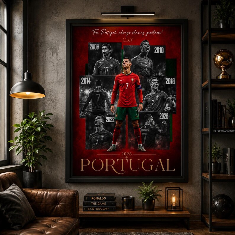 May include: Framed poster featuring a soccer player in a red and green uniform, with the text "For Portugal, always chasing greatness." The poster includes images from 2006, 2010, 2014, 2018, 2022, and 2026. The word "Portugal" is at the bottom.