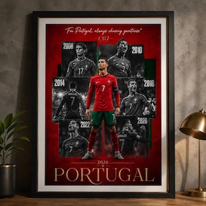 May include: Framed poster featuring Cristiano Ronaldo in a Portugal soccer uniform. The poster includes images of Ronaldo from 2006, 2010, 2014, 2018, 2022, and 2026. Text on the poster reads "For Portugal, always chasing greatness" and "PORTUGAL".