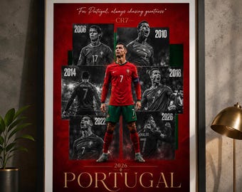 May include: Framed poster featuring Cristiano Ronaldo in a Portugal soccer uniform. The poster includes images of Ronaldo from 2006, 2010, 2014, 2018, 2022, and 2026. Text on the poster reads "For Portugal, always chasing greatness" and "PORTUGAL".