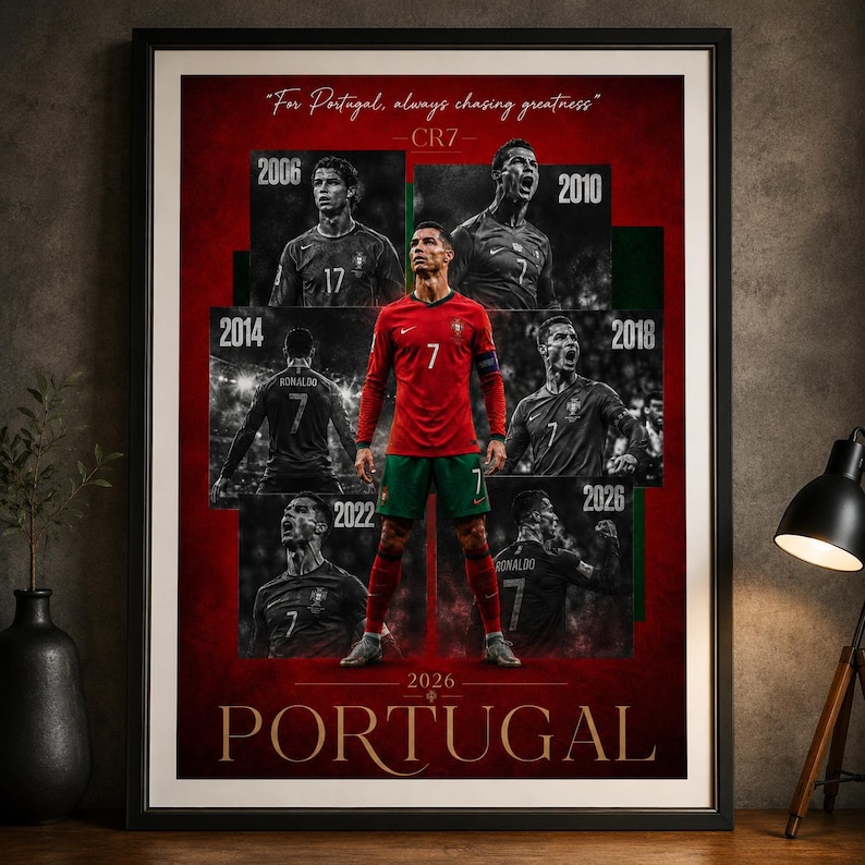May include: Framed poster featuring a soccer player in a red jersey with the number 7, surrounded by images from different years. The text "For Portugal, always chasing greatness" and "PORTUGAL" are visible.