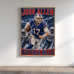 Puede incluir: Un póster enmarcado con Josh Allen de los Buffalo Bills en uniforme azul y blanco, sosteniendo un balón de fútbol. El póster incluye el texto "JOSH ALLEN" en la parte superior y "BUFFALO BILLS" en la parte inferior, con un estilo vintage.
