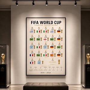 May include: A framed wall poster titled FIFA WORLD CUP CHAMPIONS THROUGH HISTORY, displaying a grid of years from 1930 to 2026 with corresponding national flags and gold trophy icons, plus a summary table of total championship titles at the bottom.