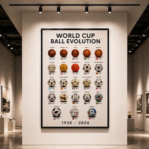 Op de afbeelding: Een ingelijste poster getiteld "World Cup Ball Evolution" toont voetballen van 1930 tot 2026. De ballen variëren in ontwerp en kleur, wat de evolutie van de sportuitrusting illustreert. De poster bevindt zich in een galerij.