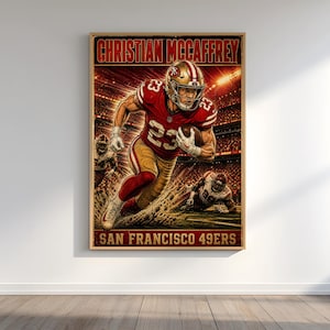 May include: A framed poster featuring Christian McCaffrey of the San Francisco 49ers. The artwork depicts McCaffrey in a red and gold uniform, running with the football. The poster includes the text "CHRISTIAN MCCAFFREY" and "SAN FRANCISCO 49ERS".