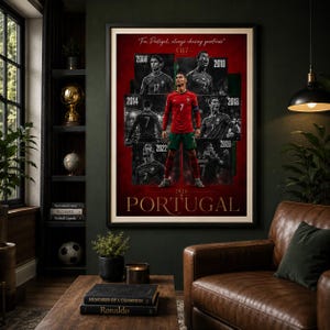 May include: Framed poster featuring a soccer player in a red and green uniform, with the text "PORTUGAL" at the bottom. The poster includes images from 2006 to 2026, with the text "For Portugal, always chasing greatness" at the top.