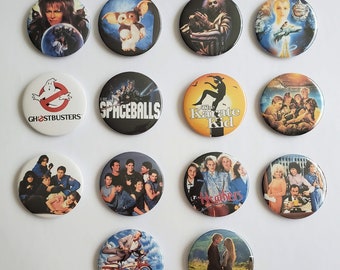 80's Movies Pinback Buttons, Badges; Ghostbusters, Labyrinth, Heathers, Gremlins, Beetlejuice, The Breakfast Club, Goonies, and more