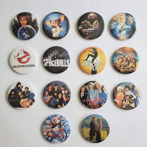 80's Movies Pinback Buttons, Badges; Ghostbusters, Labyrinth, Heathers, Gremlins, Beetlejuice, The Breakfast Club, Goonies, and more