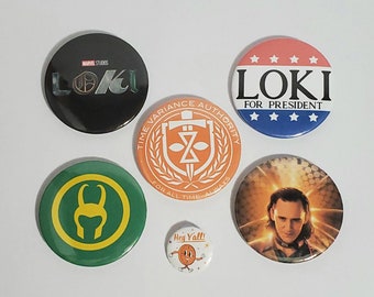 Loki Show button set; Vote Loki, TVA, God of Mischief 2.25 Loki buttons and 1 inch Miss Minutes button