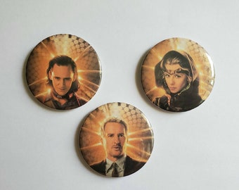 Loki show pinback buttons, Sylvie, Mobius, and Loki 2.25 in pins