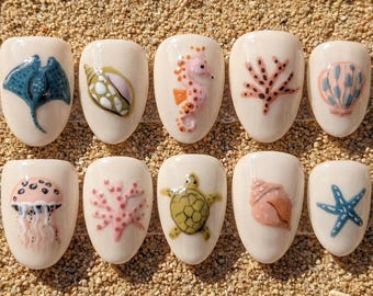 Ocean Creature Press On Nails, Sea Turtle, Starfish, Shell Design