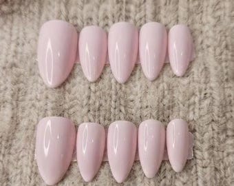 Milky Pink Almond Press On Nails, Soft Blush Glossy Minimalist False Nails, Handmade Gel Look