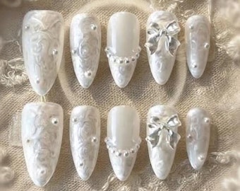 White Pearl 3D Bow Press On Nails, Elegant Bridal Winter Luxury