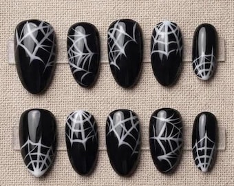 Hand Painted Black Spider Web Almond Press On Nails, Spooky Halloween Cobweb Design