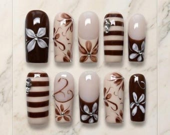 Espresso Brown Floral Almond Press On Nails, 3D Rhinestone Manicure Design, Handmade Reusable Nails