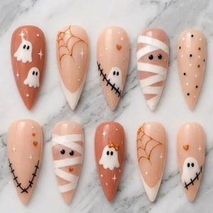 ハロウィン スティレット プレスオンネイル、不気味な幽霊ミイラ蜘蛛の巣フレンチチップ