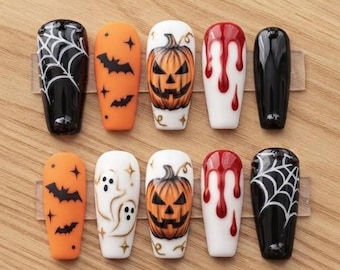 Handmade Halloween Spiderweb & Blood Drip Press On Nails, Spooky Ghost Pumpkin with Gothic Witchy Fake Nails Design