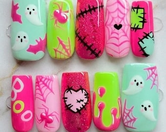 Neon Spooky Halloween Press On Nails, Ghost Spider Web Gothic Stitched Fake Nails