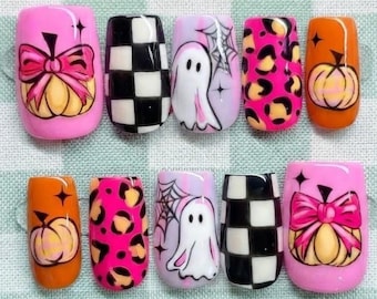 Handmade Pink Leopard Halloween Press On Nails, Pumpkin Ghost Checkerboard Design