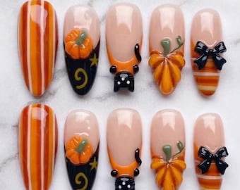 3D Pumpkin Black Cat Witch Fall Press On Nails, Orange Stripe Fake Nails Design