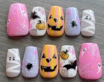 Handmade Pastel Pink Halloween Press On Nails, Ghost Pumpkin Bat Spider Web Design