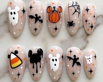 Handmade Halloween Press-On Nails, Spooky Bat, Ghost, Pumpkin, Mouse, Corn Design