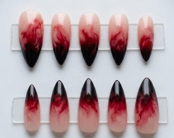 Halloween Stiletto Press On Nails, Red Black Ombre Smoke Design