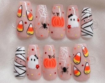 Halloween Kawaii Press On Nails, Candy Corn Pumpkin Ghost Spider Mummy Designs