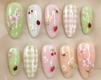 Handmade Spring Garden Press On Nails, Cherry Strawberry Bee Floral Gingham Manicure
