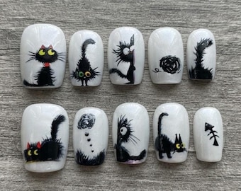 Handmade Black Cat Press On Nails, Whimsical Gothic Kitty Manicure