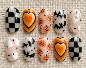 Retro Y2K Halloween Press On Nails, Spooky Pumpkin Bat Checkered Design
