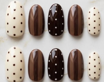 Chocolate Polka Dot Press On Nails, Short Oval with Brown Stripes Fake Nails Design