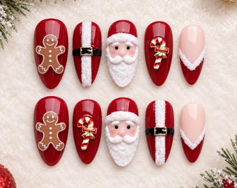 Unhas postiças artesanais de Natal com Papai Noel, design de biscoito de gengibre e bengala doce, presentes para ela nas festas de fim de ano.