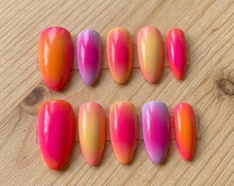 Sunset Aura Press On Nails, Ombre Gradient Almond Glossy Manicure Style