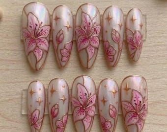 Luxury Rose Gold Stained Glass Lily Press On Nails, Iridescent Pearl Floral Nail Art Design, Handmade Elegant Manicure in Almond for Party