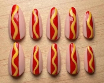 Hot Dog with Toppings Press On Nails, Handmade Kawaii Fast Food Manicure Novelty Almond