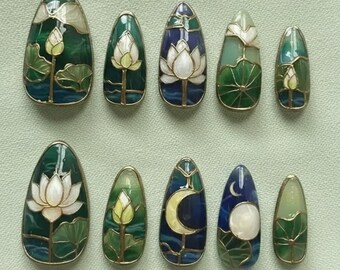 Lotus Crescent Moon Stained Glass Press On Nails, 3D Line Art Design, Luxury Coquette