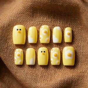 Easter Chick Press On Nails, Yellow 3D Egg Art, Spring Kawaii Manicure Set